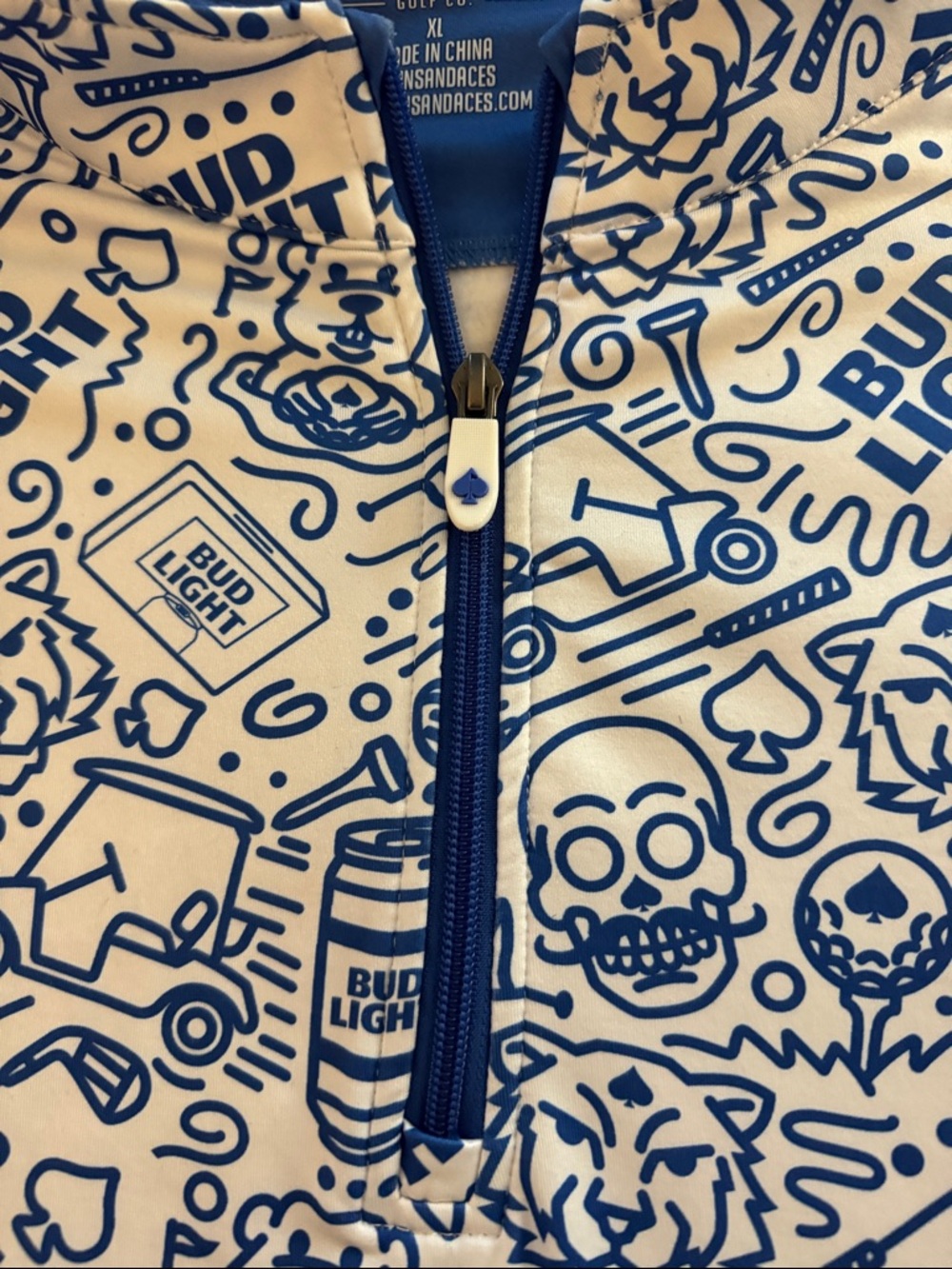 Men’s White and Blue Graphic Quarter-Zip Sweater - Picture 2 of 4